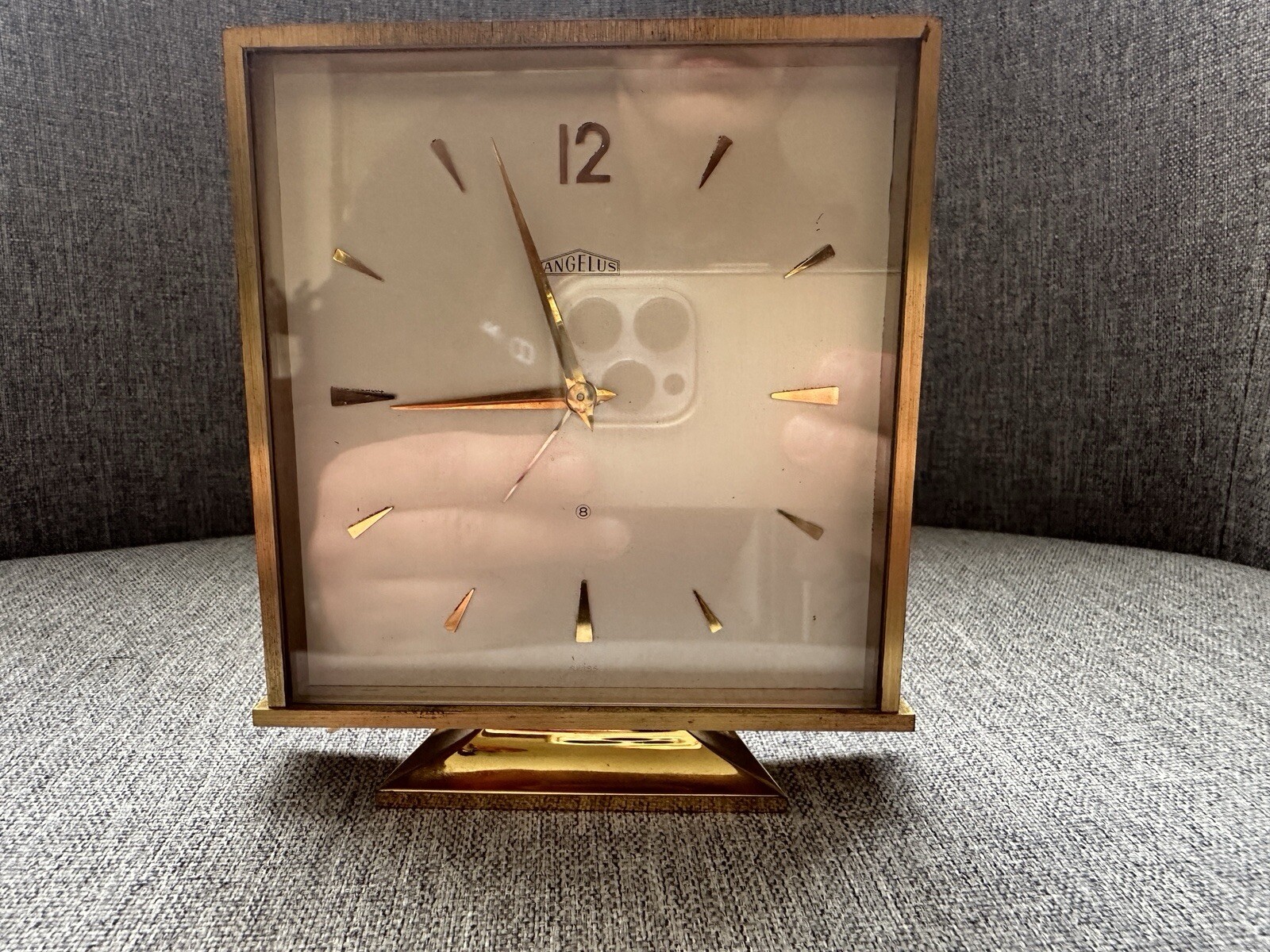 Vintage Angelus Swiss 15 Jewel 8 Day Desk & Alarm Clock Gilt Brass Analogue GWO Vintage Angelus Swiss 15 Jewel 8 Day Desk & Alarm Clock Gilt Brass Analogue GWO