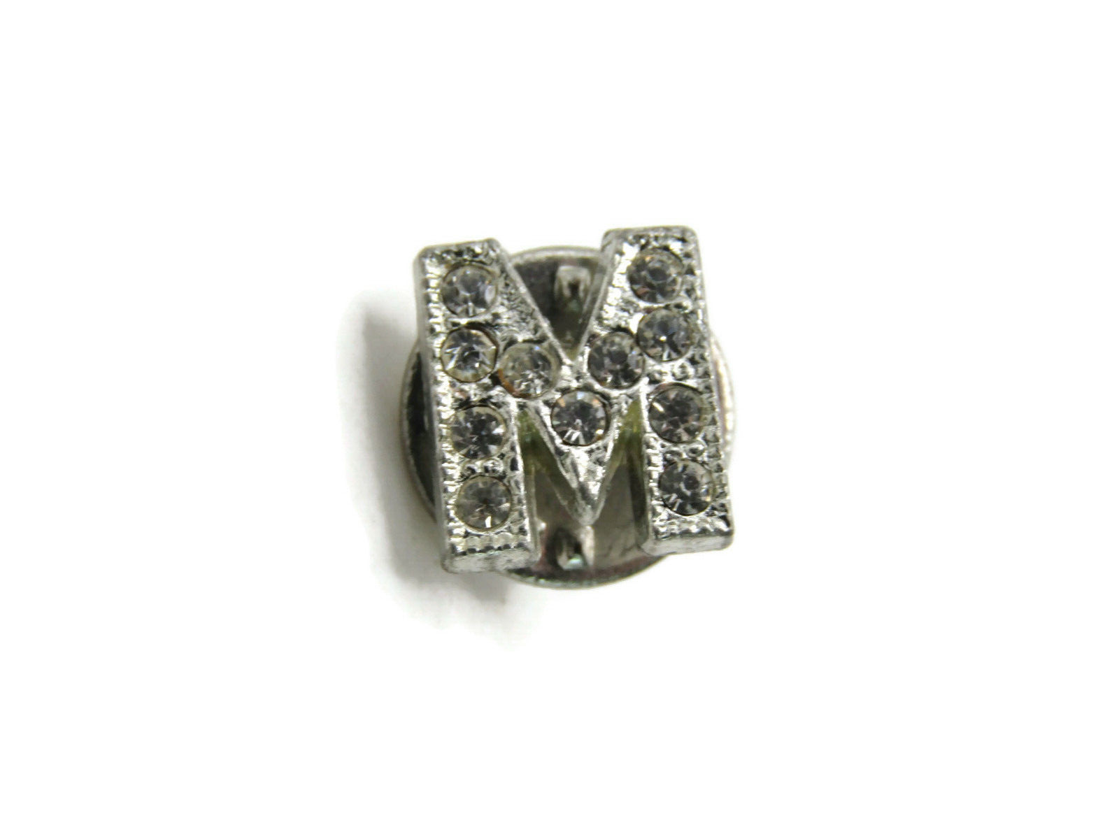 M Letter Initial Monogram Pin Rhinestone Inlay Silver Tone
