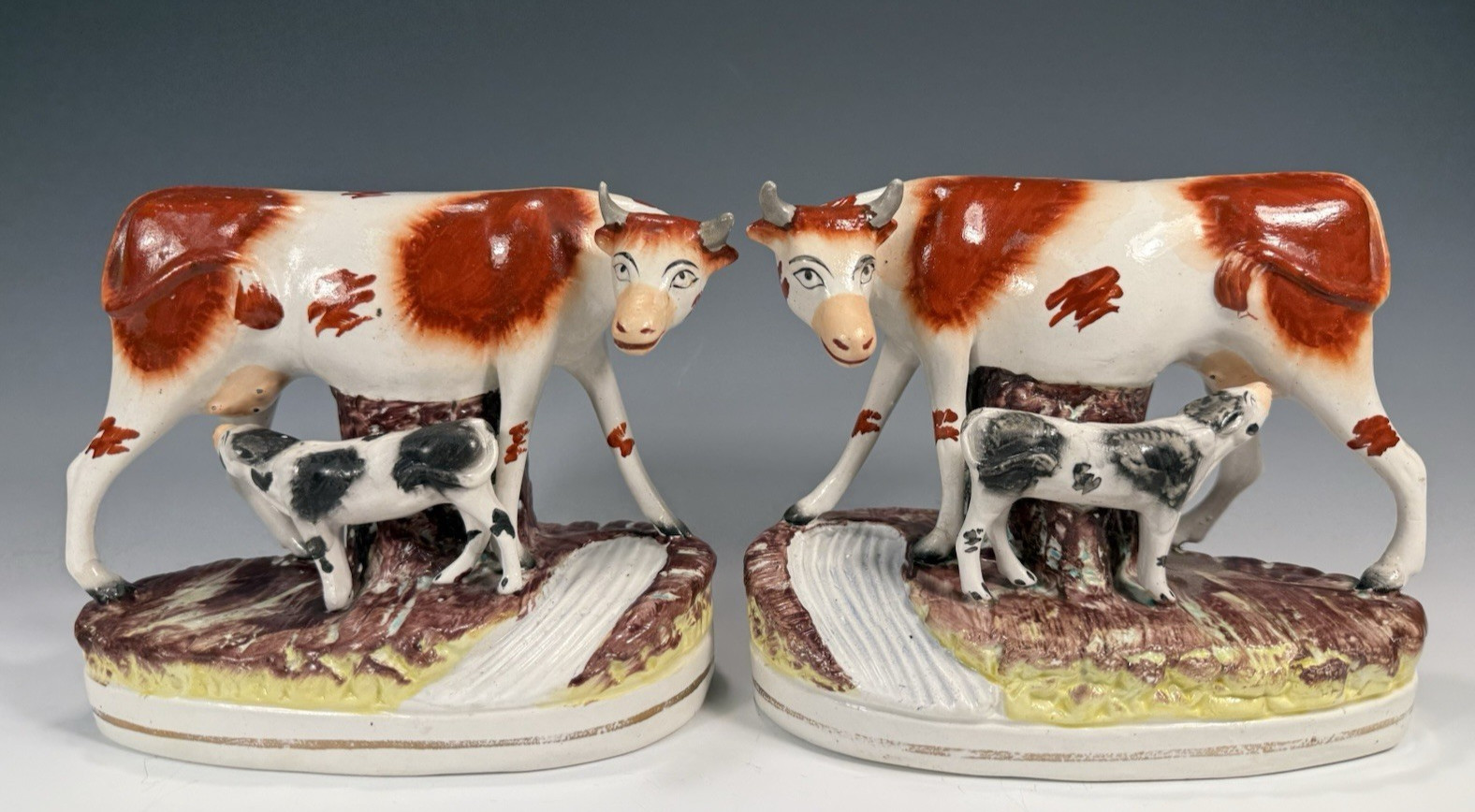 Rare Pair of English Staffordshire Polychrome Pottery Cows & Calf's ca. 1880-89