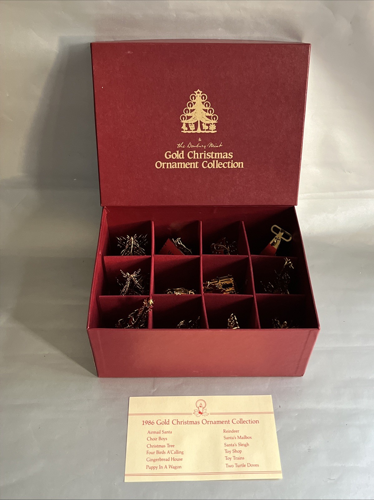 1986 Danbury Mint Gold Christmas Ornament Collection Original Box Set of 12