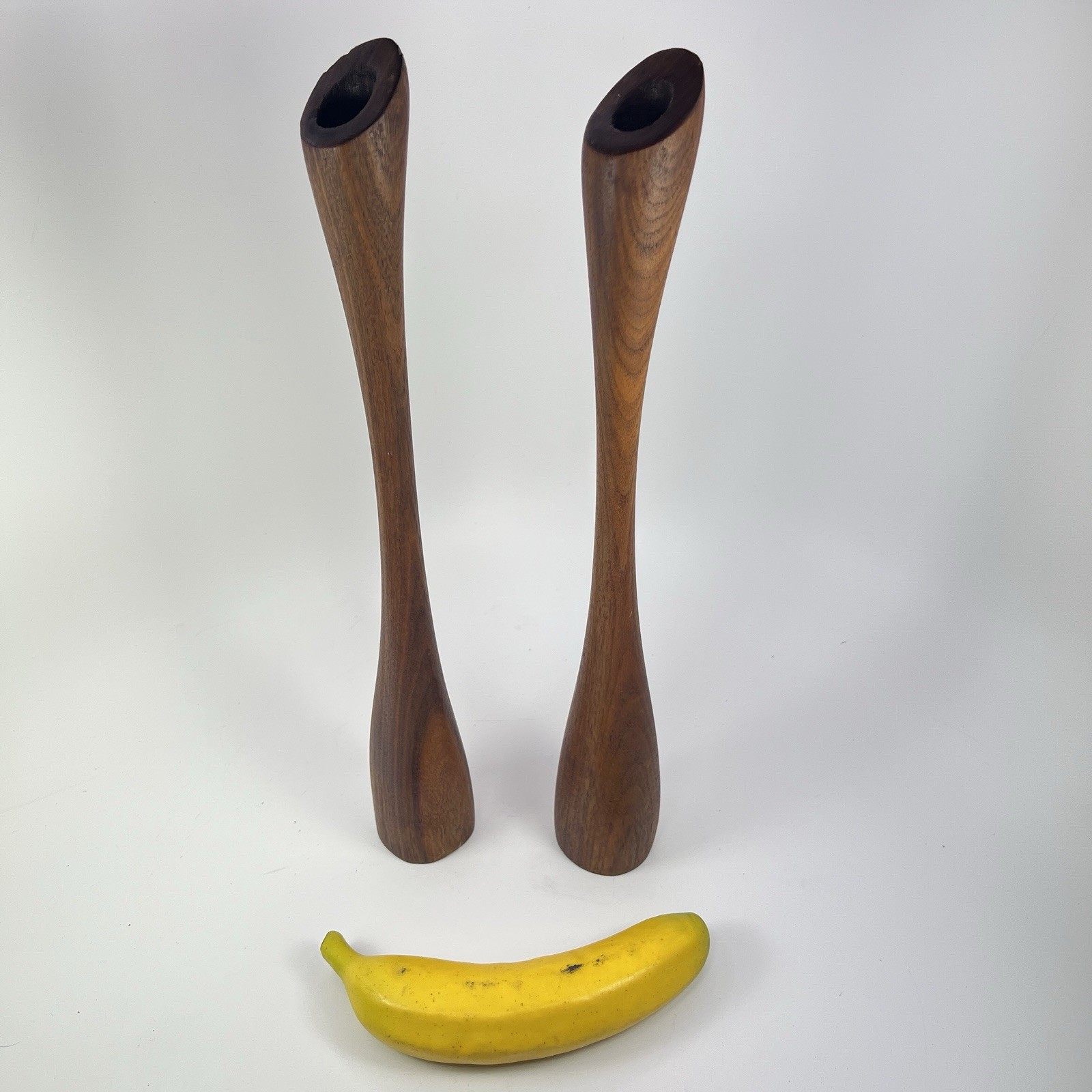 Pair 15” MCM Sculptural Wood Candlestick Holders Danish Mid Century Modern Style