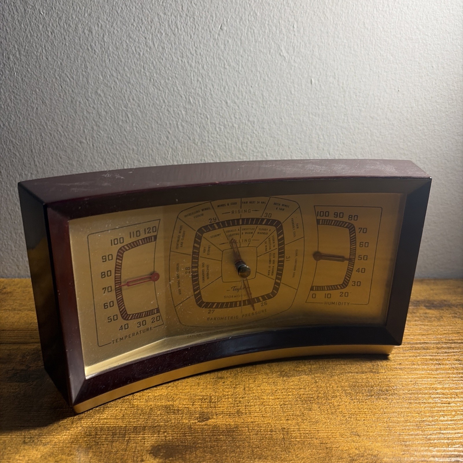 Vintage TAYLOR Curved Desktop Stormoguide Weather Instrument. Vintage TAYLOR Curved Desktop Stormoguide Weather Instrument.