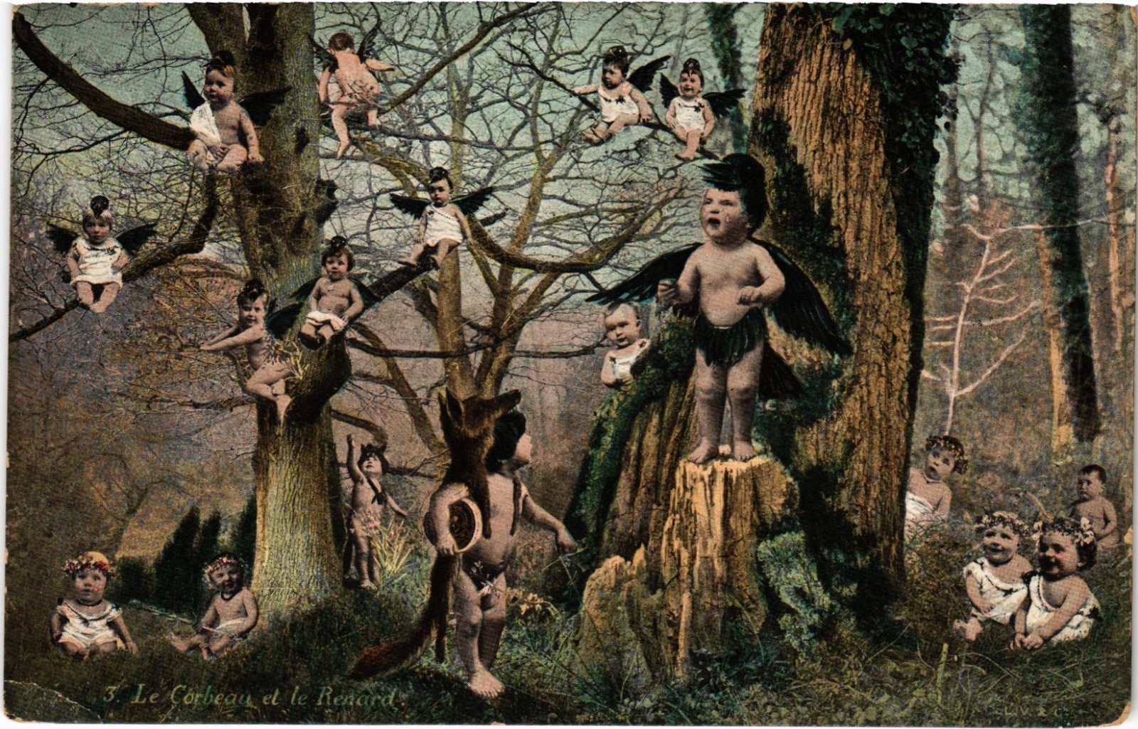 PC MULTIPLE BABIES CHILDREN FOREST VINTAGE POSTCARD (b68672)