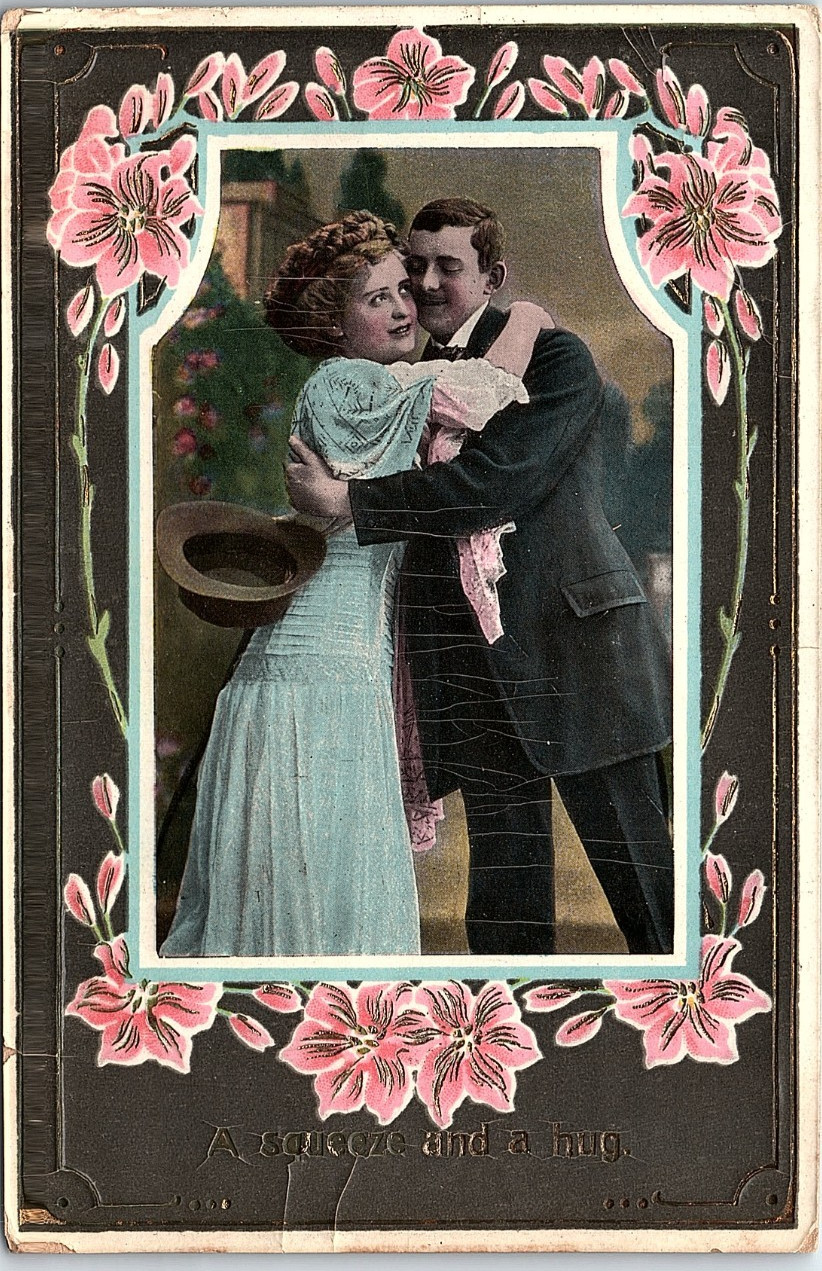 Vintage Postcard A Squeeze And A Hug Embossed Romance Greeting Card