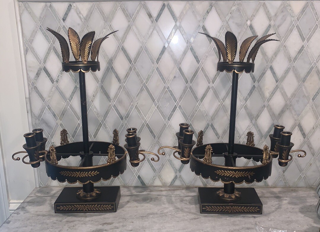 PR French Tole Bouillotte Candle Holders 20.5”T 17”L  Black Gold Gilt Epergne