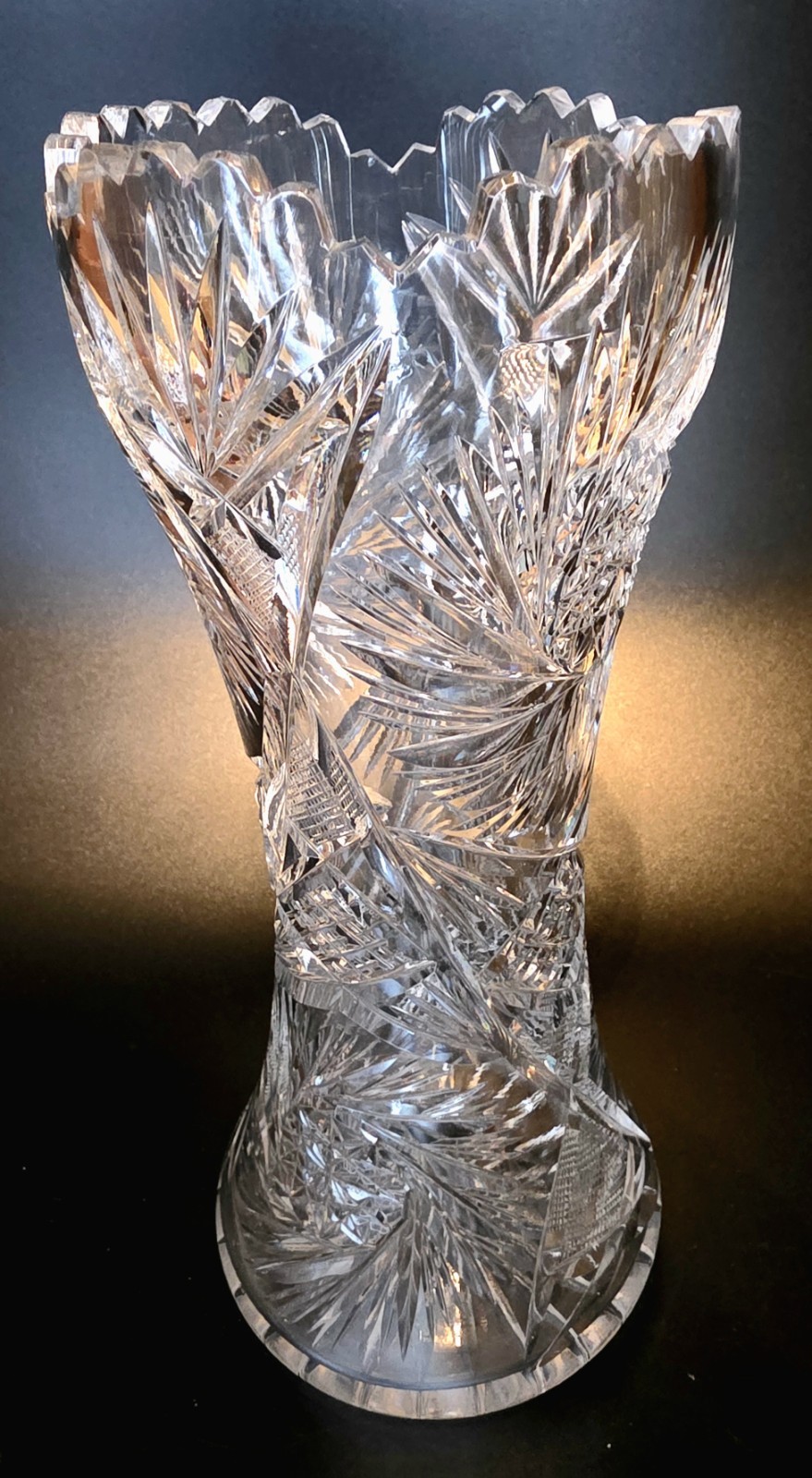 (277) Antique ABP Heisey Pinwheel & Fan Cut Lead Crystal Corset Vase 10