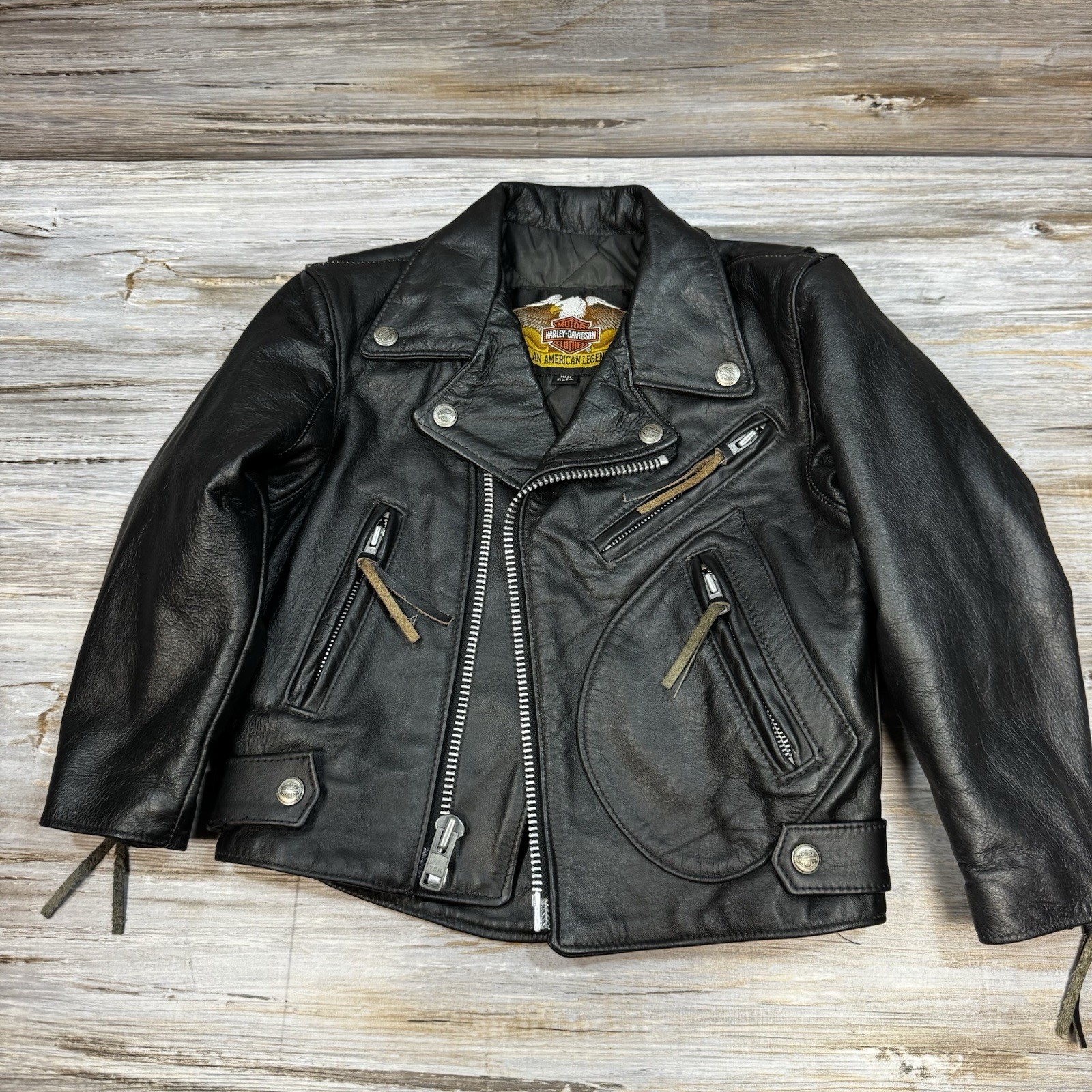 Original Vtg Harley Davidson Black Leather Coat Biker Jacket Old School Size 9