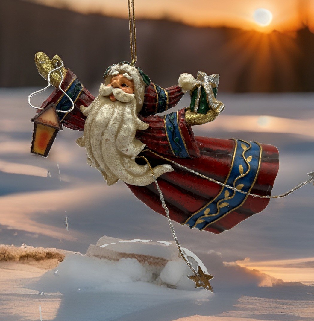 Vtg 3D Metal Santa Hanging Ornament Flying Old World Santa 7” Folk Art