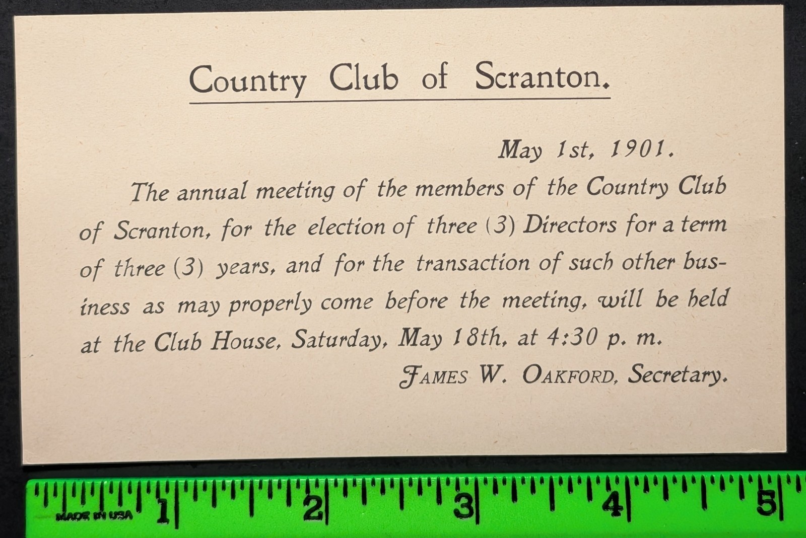 Vintage 1901 Country Club Scranton PA Golf Members Card