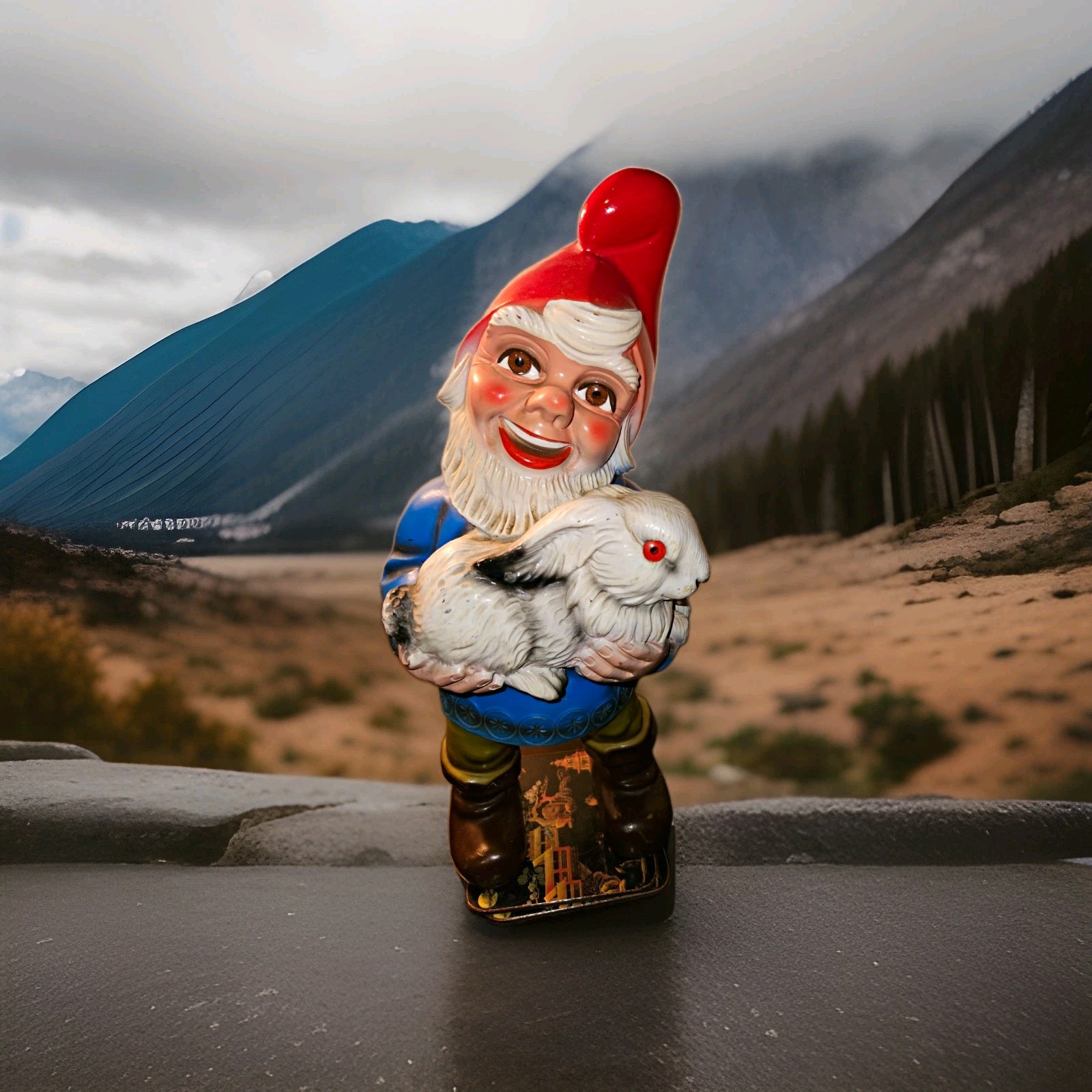 ZEHO West Germany Garden Gnome Figurine Holding White Rabbit Bunny Fantasy 15\ ZEHO West Germany Garden Gnome Figurine Holding White Rabbit Bunny Fantasy 15\