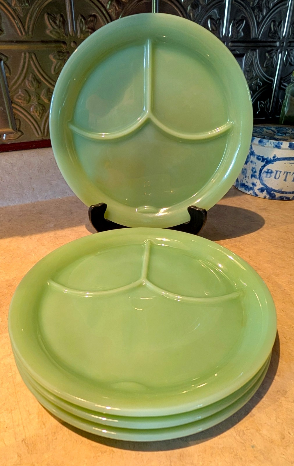 4 Anchor Hocking Fire King Jadeite Grill Divided Tab Plates Vintage Restaurant