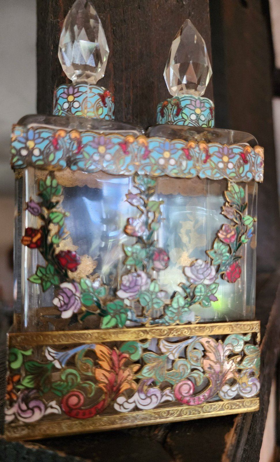 Stunning Antique French Cut Crystal and Champlevé Perfume Bottle Set