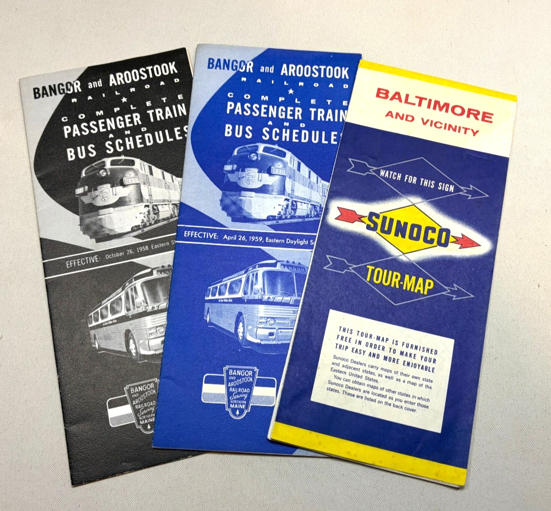 Vintage 1950s Bangor Aroostook Railroad Bus Schedules Sunoco Baltimore Map Lot
