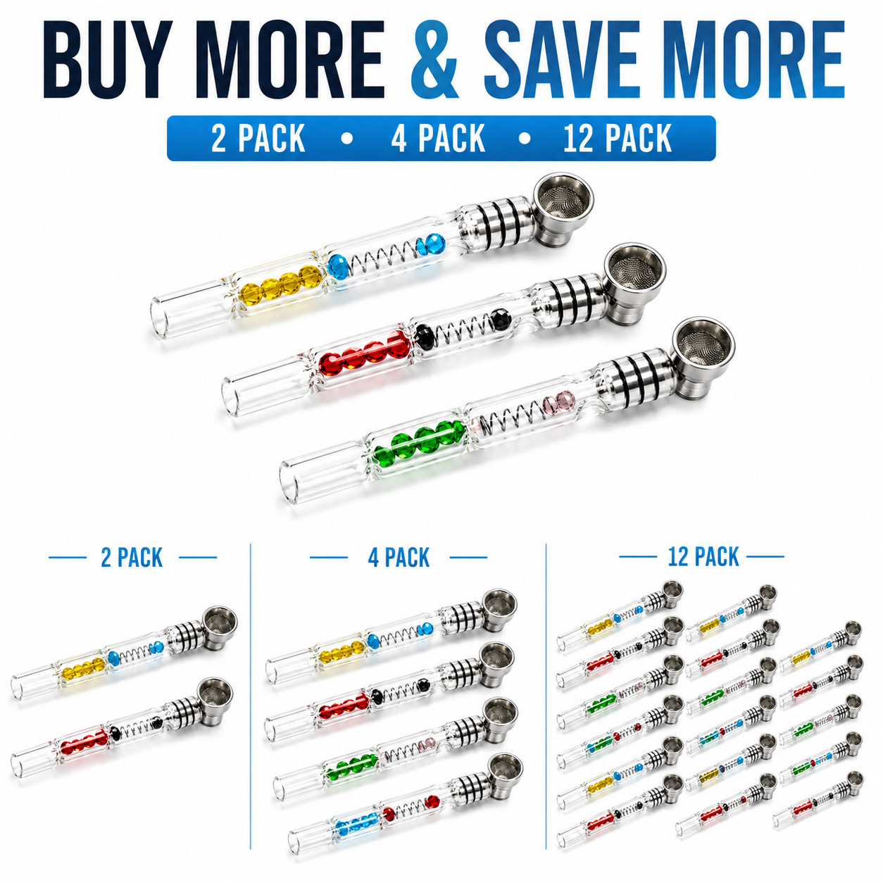 4 Pack 2-in-1 Glass Tobacco One Hitter Pipe w/ Removable Metal Bowl 5