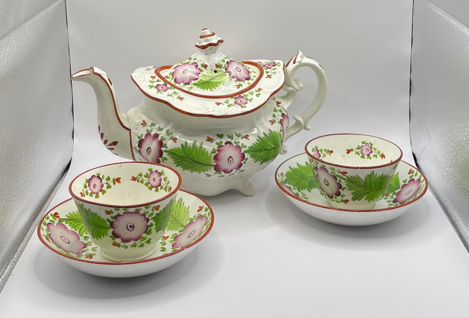 Antique: Soft Paste Teapot & 2 Cups & Handless Saucers-Primrose Pattern Antique: Soft Paste Teapot & 2 Cups & Handless Saucers-Primrose Pattern