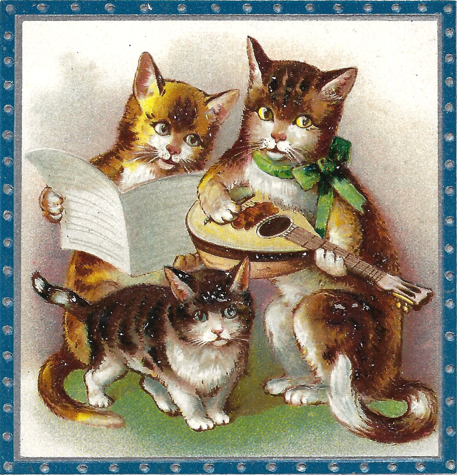 Christmas Cat Musicians Mandolin Singer Kitten Holly Emb PC Vintage 1912 Unused