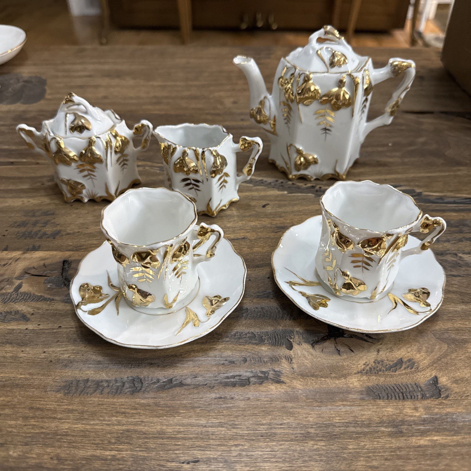 Antique Carl Tielsch Altwasser Gilt Porcelain Tea Set for Two 1845-1850 TPM 9 Pc
