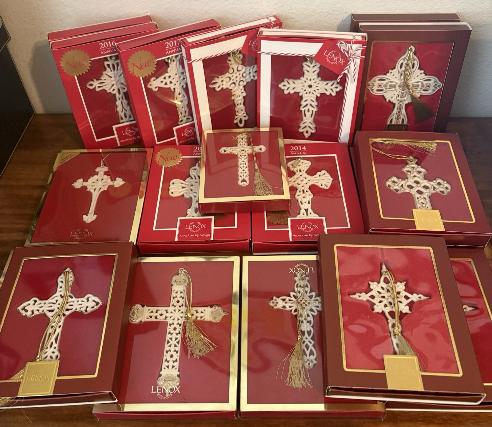 Vintage LENOX Porcelain CROSS Crucifix Christmas Ornaments in Box - Lot of 19