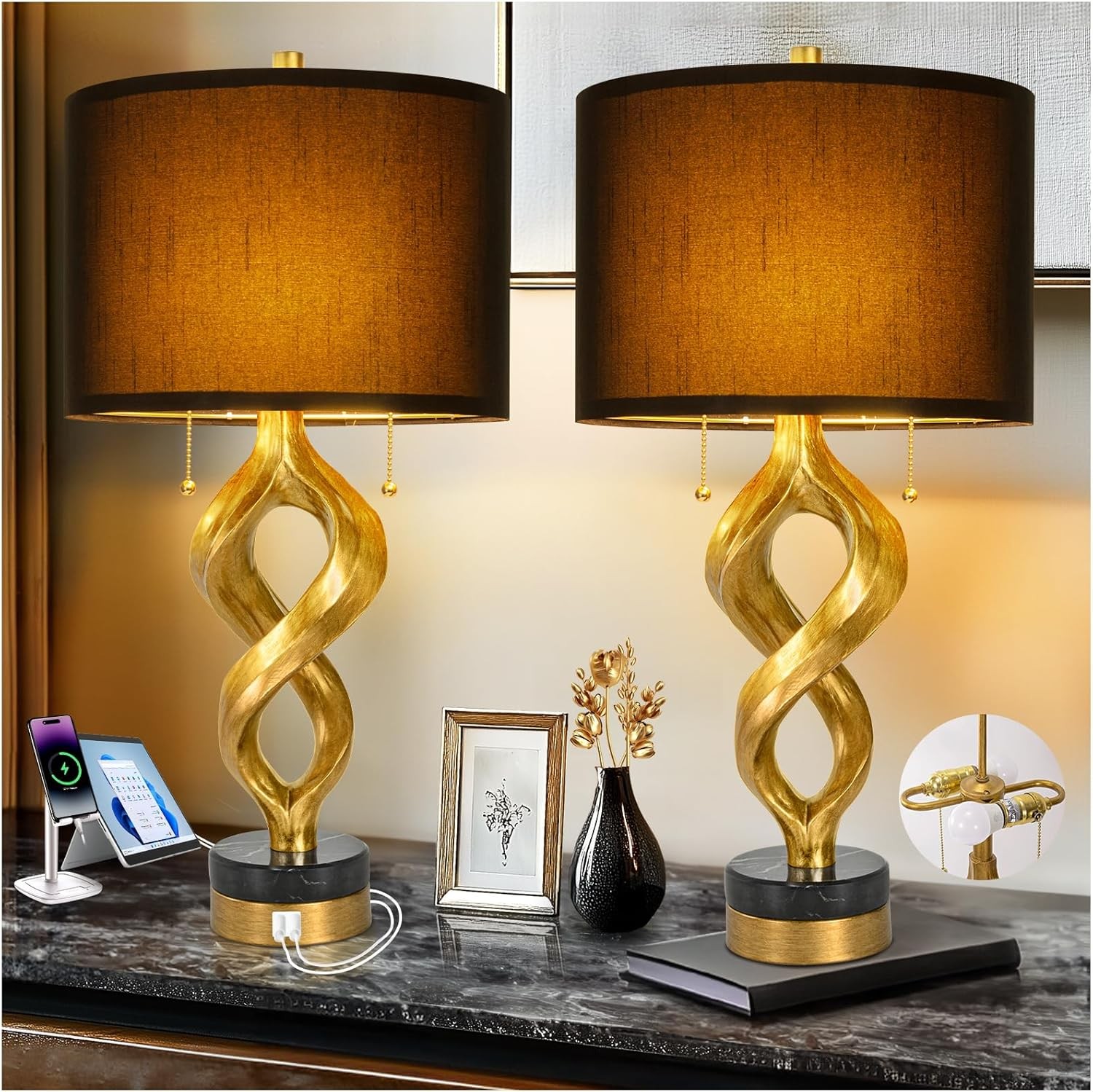 Sculptural Table Lamp Set of 2 for Bedroom, Vintage-032, Antique Gold, Black 