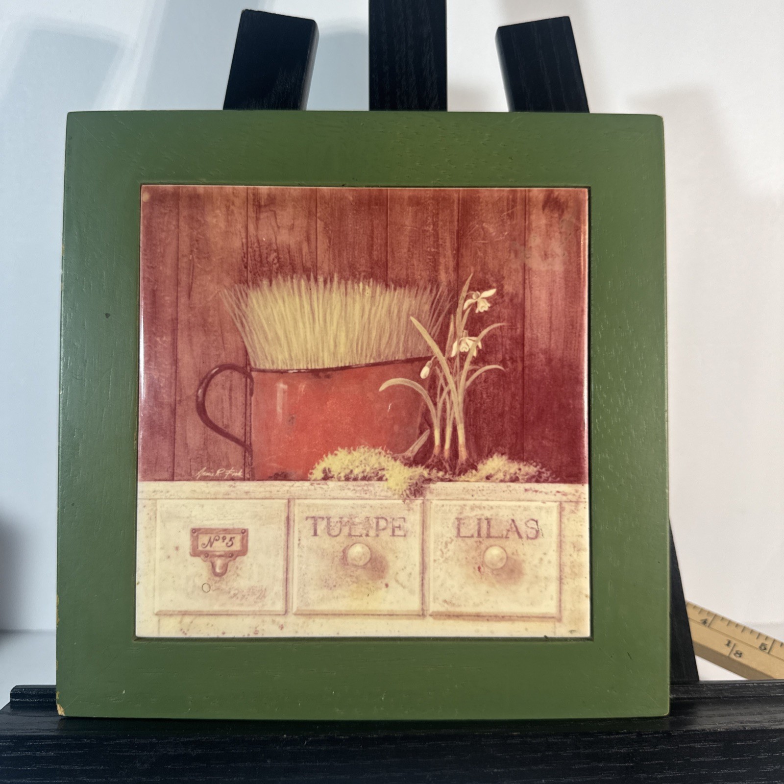 Rustic Farmhouse Ceramic Tile Trivet Green Wood Frame Botanical Decor
