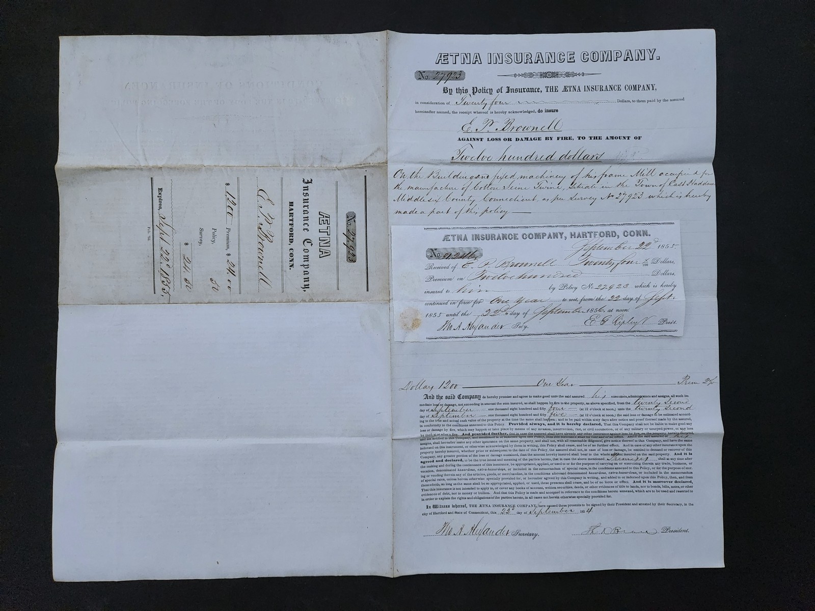 1856 antique FIRE INSURANCE POLICY east haddam ct COTTON TWINE MILL E.P. BROWNEL