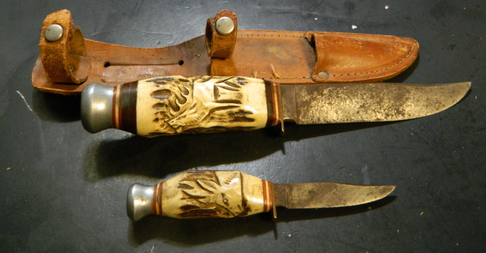 Vintage Baron Solingen Two Blade Fixed Blade Knife Set In Sheath GD-VG