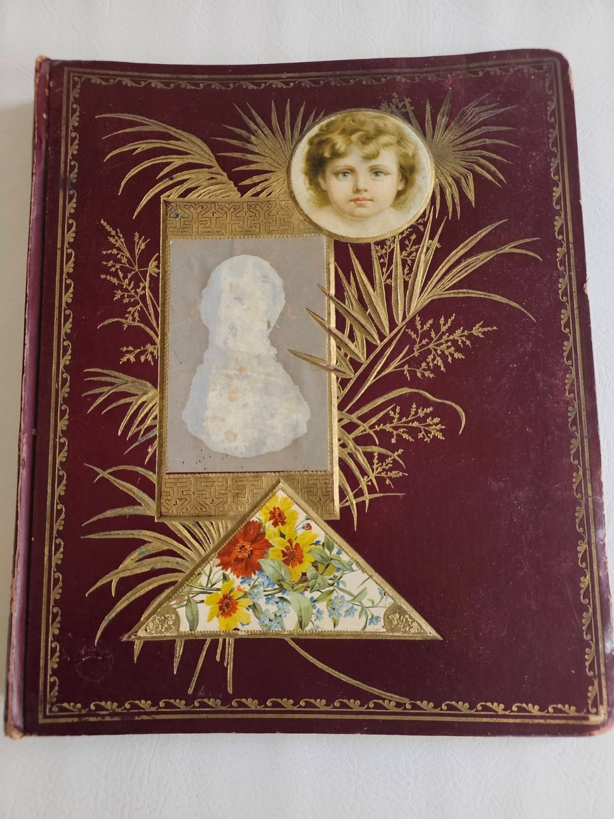 Antique VICTORIAN SCRAPBOOK W/ 7 PAGES OF DIE CUTS Presidents Floral CATS GIRLS