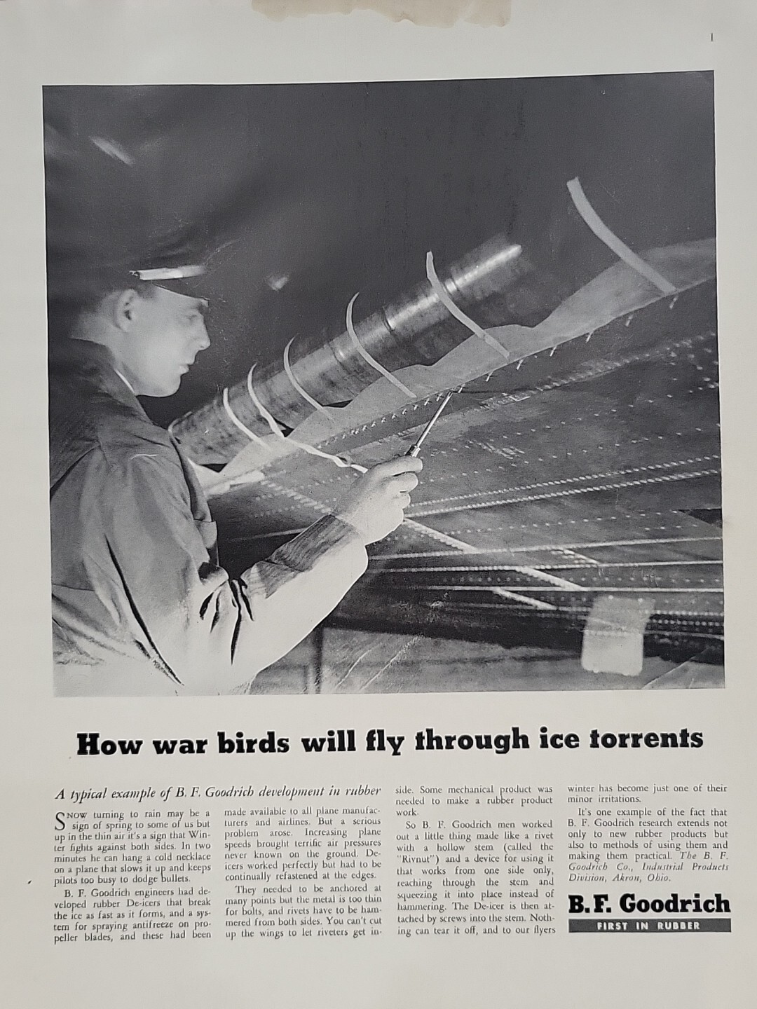 1942 B.F. Goodrich Fortune WW2 Print Ad Q3 War Birds Airplane Mechanic Homefront