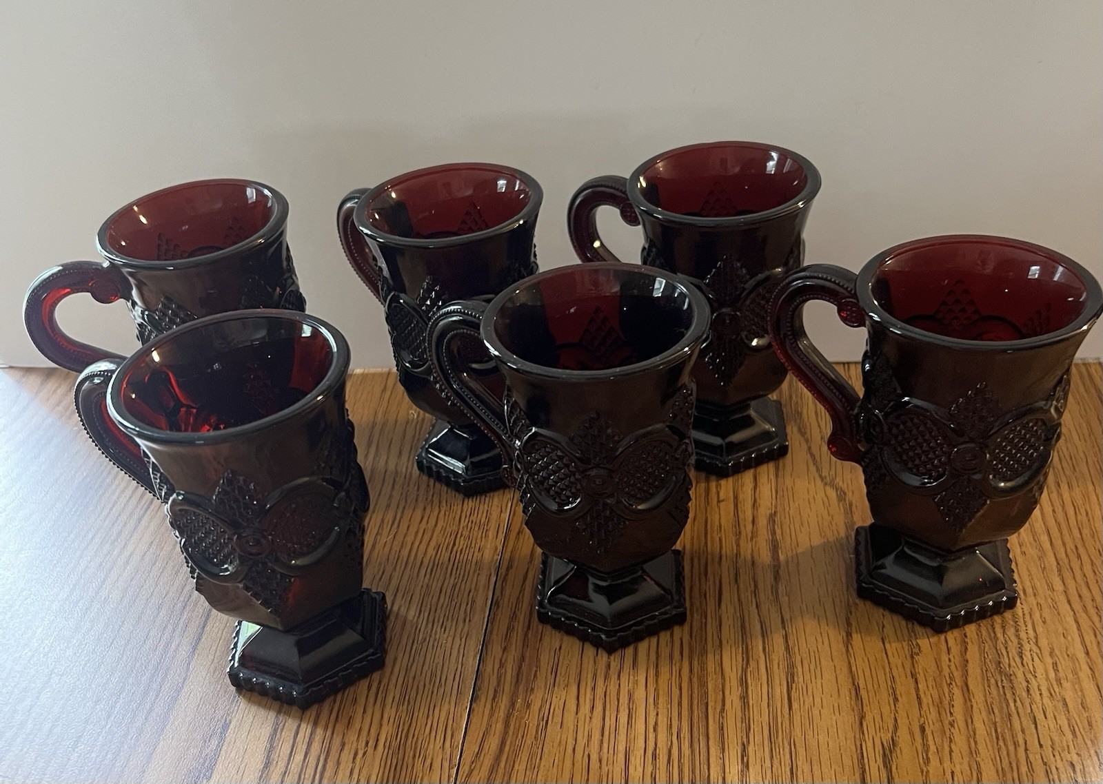 Set of 6 Avon 1876 Cape Cod Ruby Red Glass Pedestal Coffee Mugs Set of 6 Avon 1876 Cape Cod Ruby Red Glass Pedestal Coffee Mugs