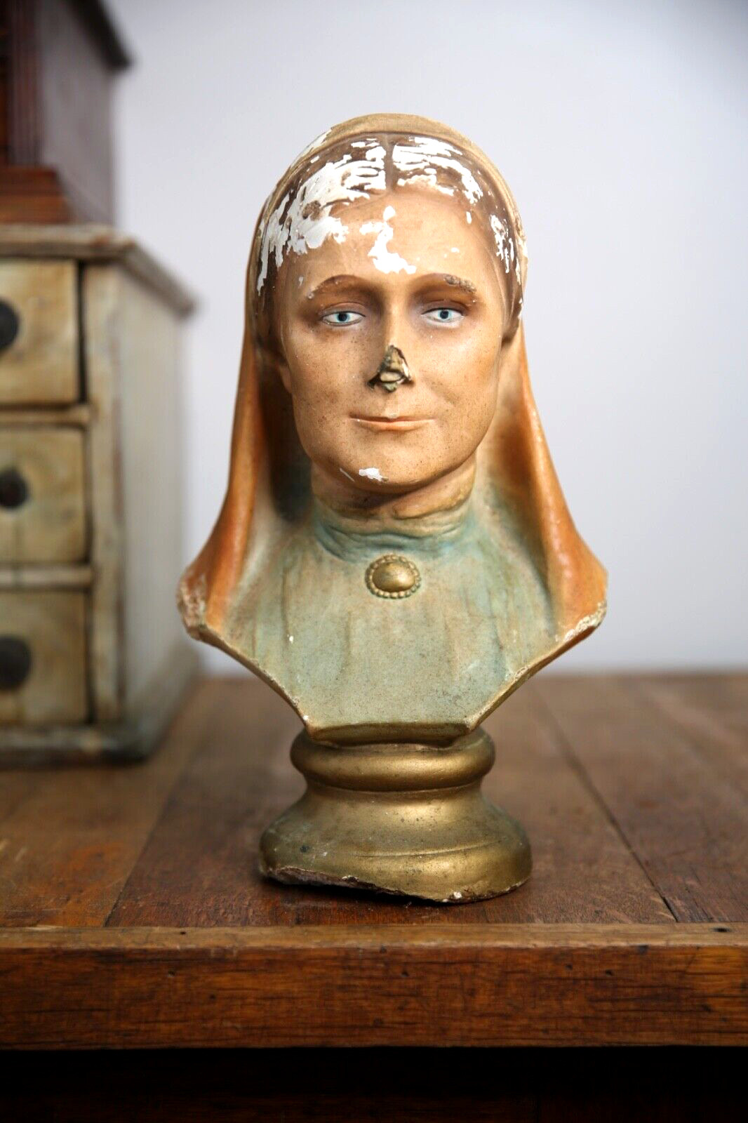 Antique Chalkware Head Bust Countertop Display Religious woman old Vintage