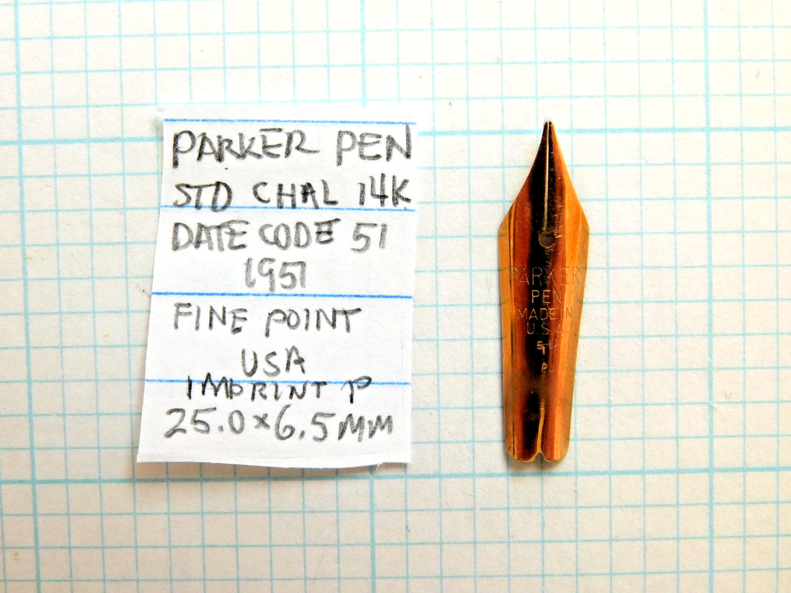 Nib Replacement: PARKER PEN SL CHAL, Fine, 25.0 x 6.5mm, 14K, 1951, NOS