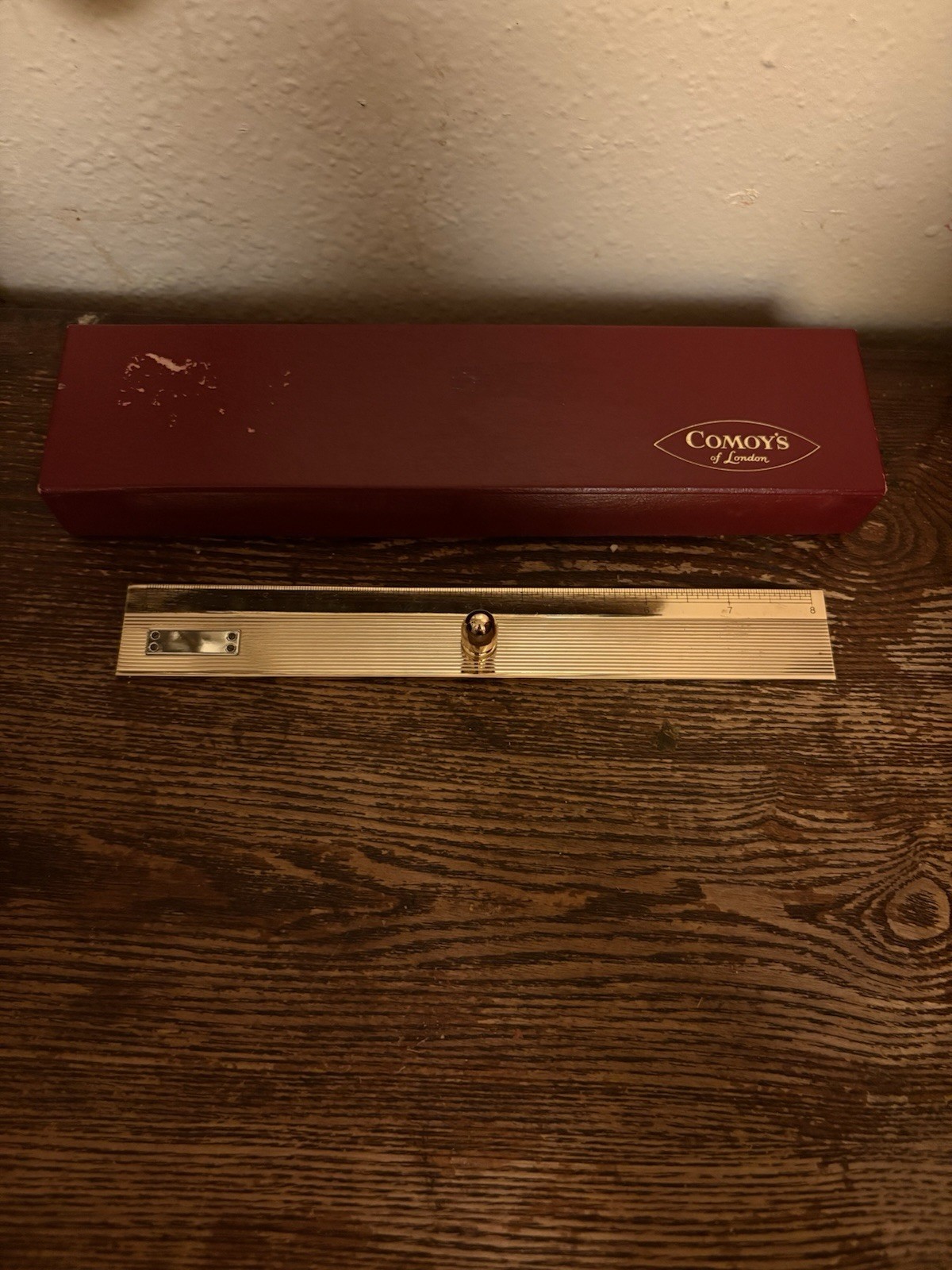 COMOY’S Of LONDON vintage Gold Tone Desk Ruler 8” In Original Box Made In Japan 