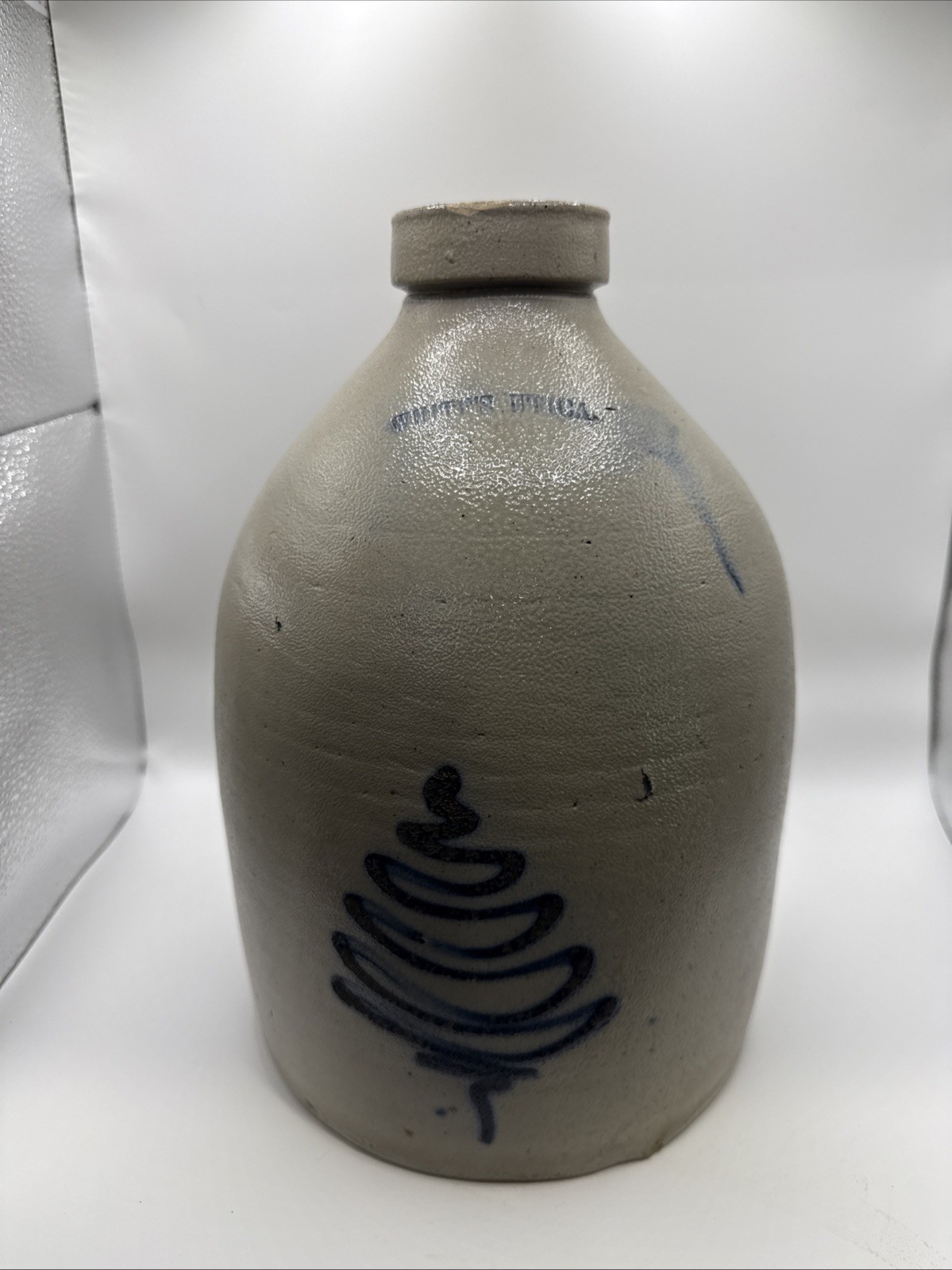 Antique Stoneware Jug N.A. White and Son Utica NY Blue Tree Design 3.5 Qt