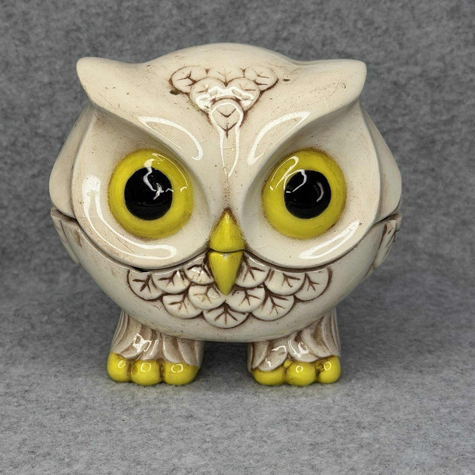 Vintage 70s Ceramic Owl 2 Piece White Yellow Trinket Box Lidded Dish Figurine