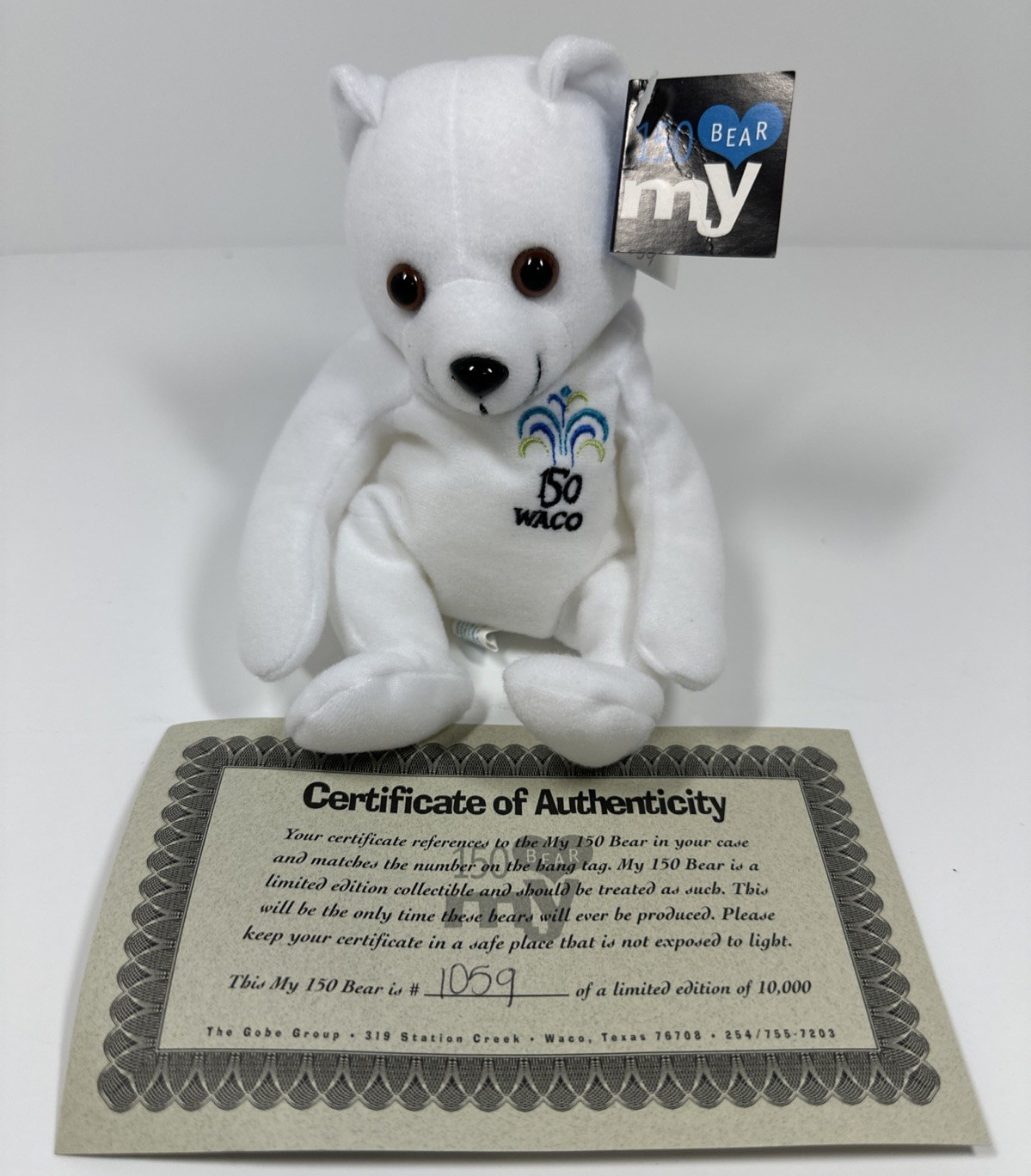 Waco Texas 150 Year Collectable Souvenir Bear 1999 Gobe Co. W/ Auth Certificate