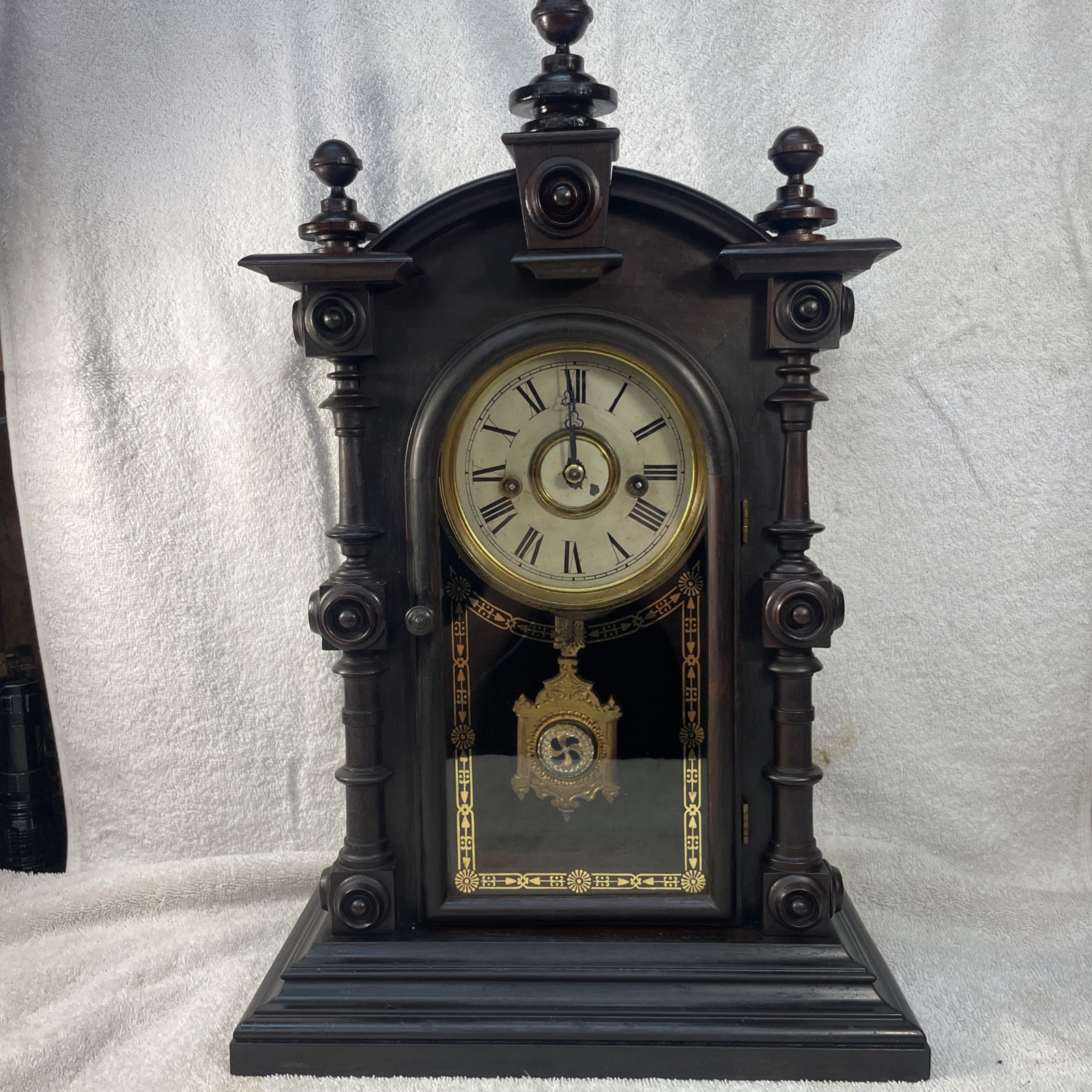 Antique E.N. Welch V.P.  Patti Glass, Pendulum Rosewood shelf clock rare 1880