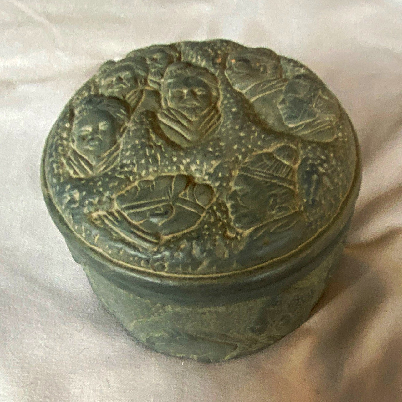 Oriental Round Lidded Trinket Box w/ Carved Faces Gray/Green Clay Vintage
