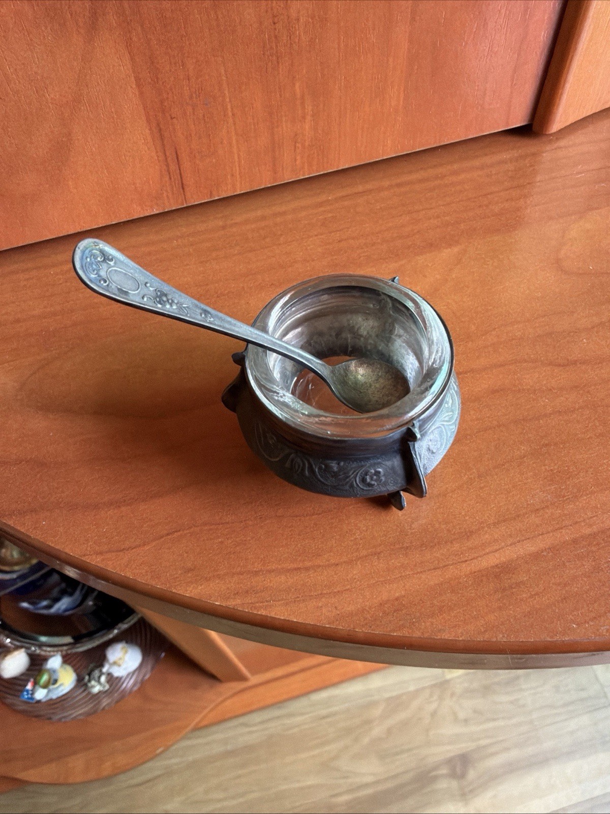 Vintage  Soviet USSR Salt Cellar Glass Insert Spoon Mstera Metal Stamp