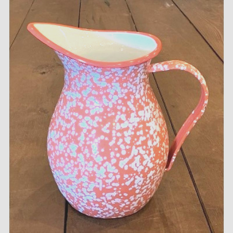 NEW FARMHOUSE CORAL ENAMELWARE PITCHER WHITE SPLATTER WARE 7.5