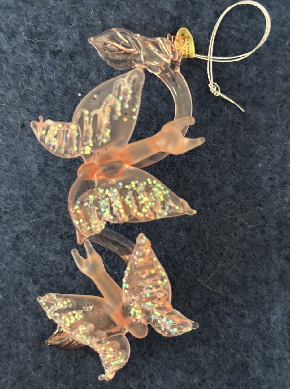 Vintage Silvestri Pink Frosted Glass Butterfly Ornament Glitter 