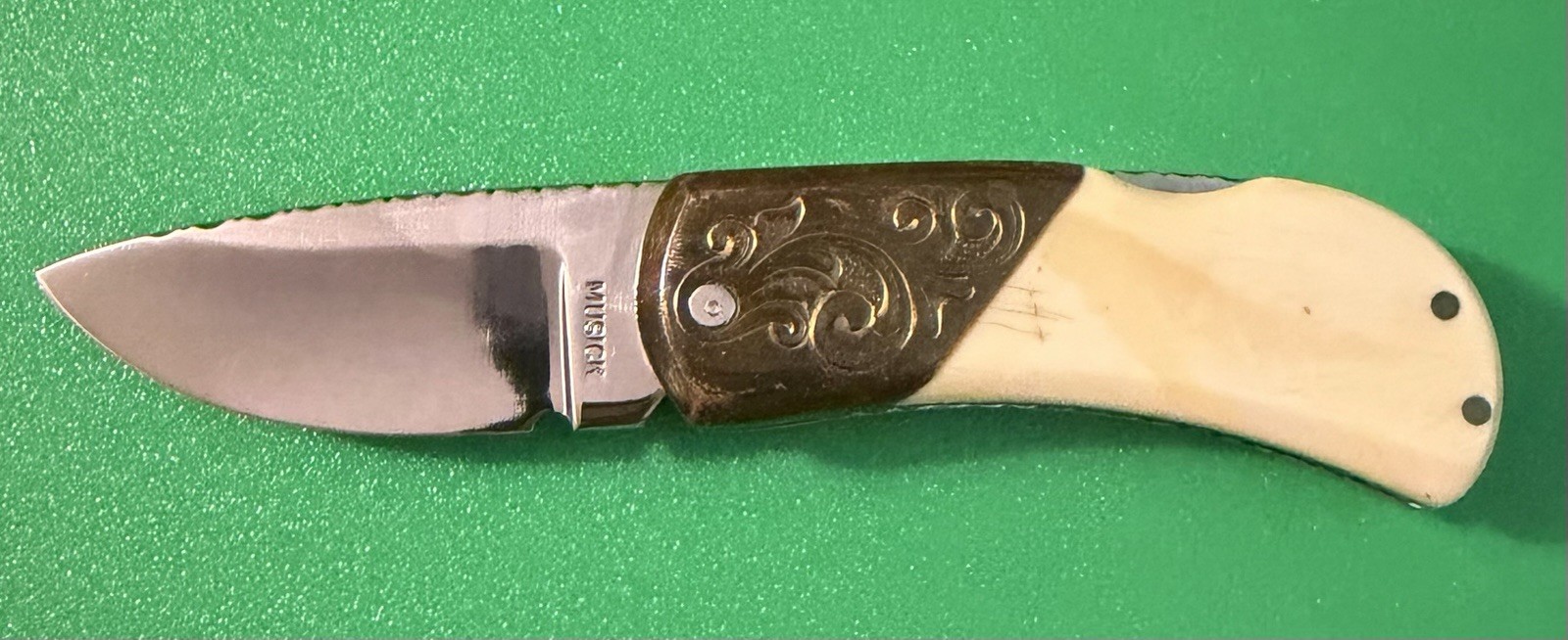 MUSICK Handmade Custom Vintage Bore Tusk Scales Folding Lock Blade Knife
