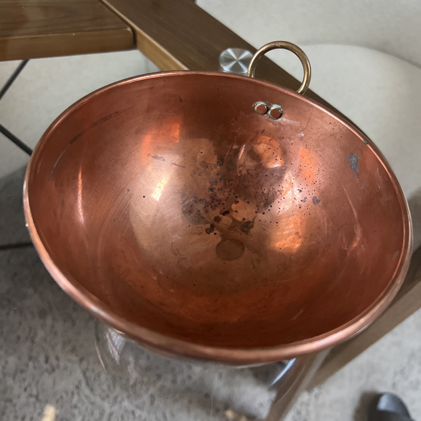 Vintage French Copper Cul de Poule Egg White Bowl Hanging Ring 6.25\