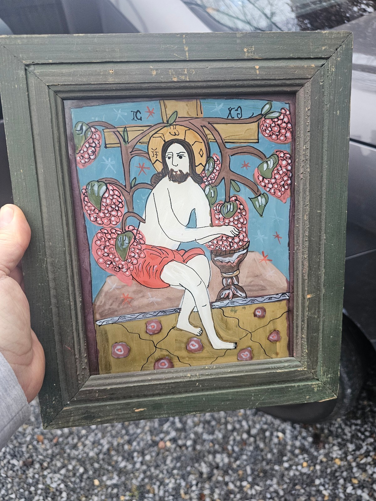 Vintage Eglomise reverse glass painting Christ as the true Vine frame plaque
