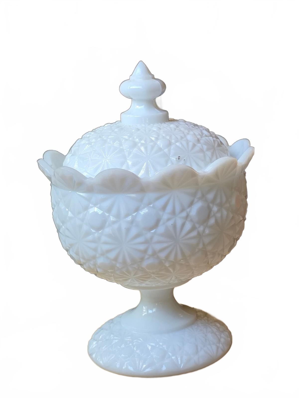 Vintage Fenton Milk Glass Covered Candy Dish (Daisy & Button / Starburst)