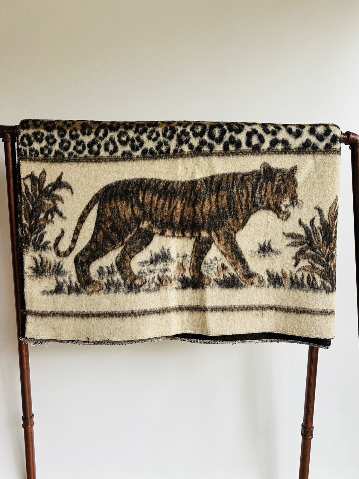 Vintage Huancatex Tiger Blanket Reversible Leopard Animal Print Wool Blend 88x76