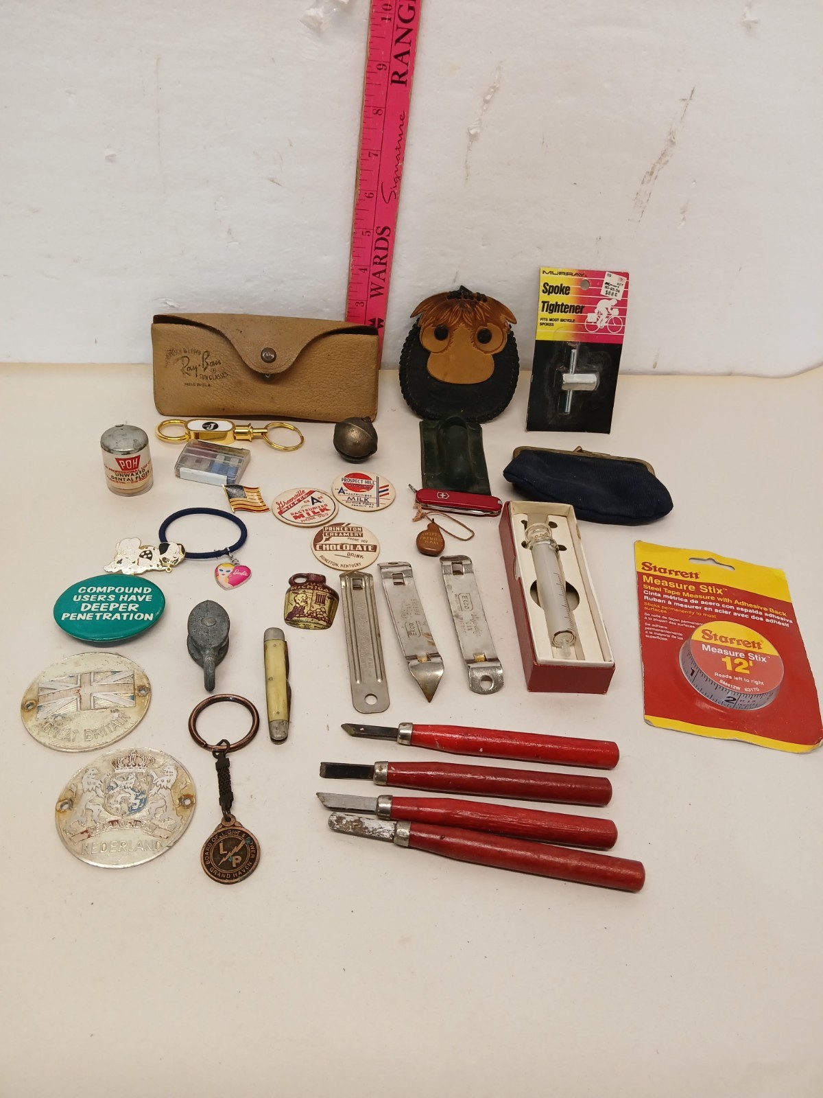Vintage Estate Junk Drawer Lot Ray-Ban Starrett Swiss Army Knife Michigan Advert