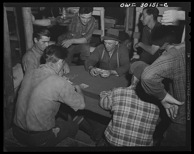 Photo:Maine 1943 Woodsmen Playing Cards in Bunkhouse Spring Pulpwood Drive