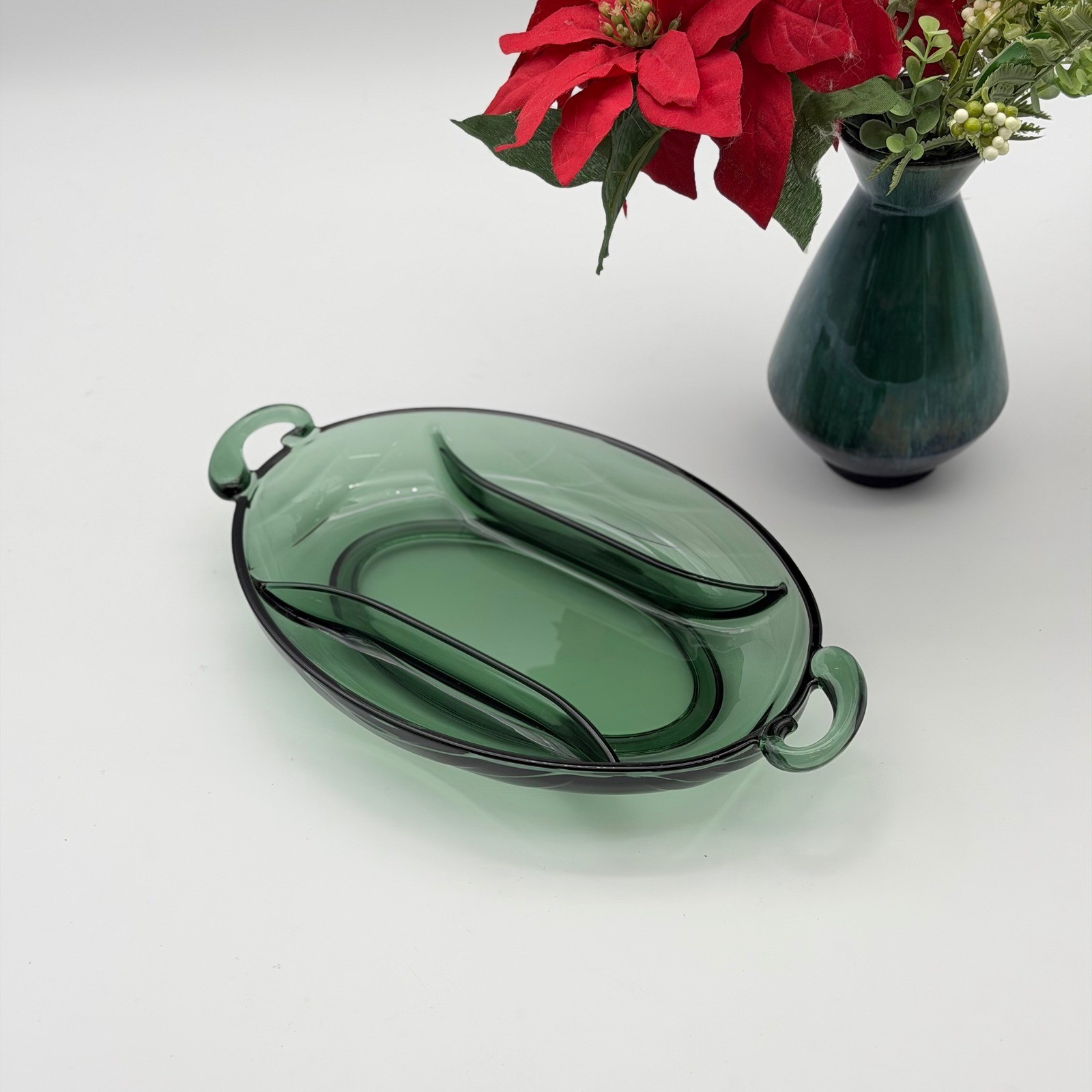 Vintage Emerald Green Glass 3-Compartment Relish Tray Scrolled Handles Christmas
