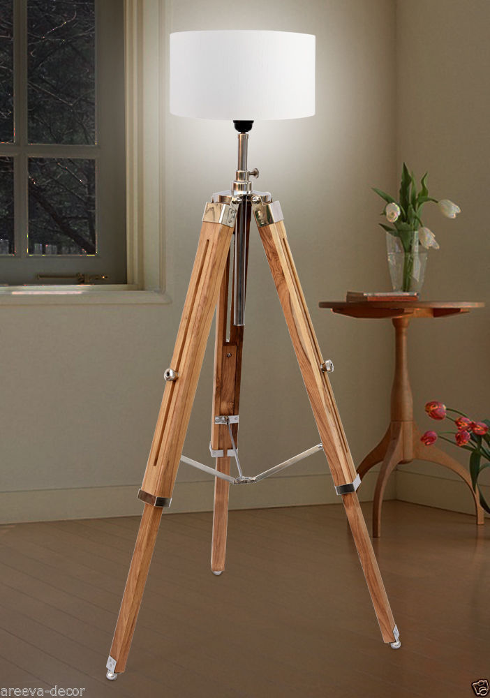 Marine Nautical Teak Wood Vintage Floor Lamp Wooden Tripod Stand Use With Shade 