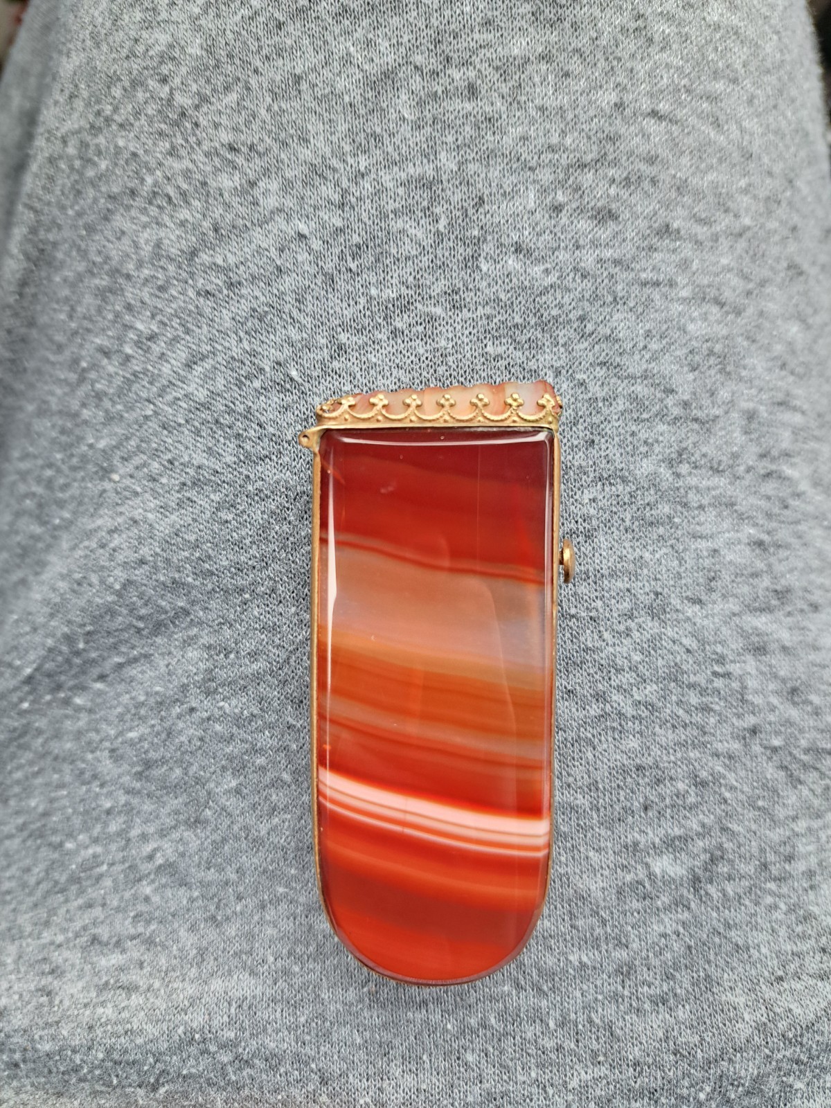 Antique Victorian Banded Agate & Brass Match Safe Vesta Case Red Orange White
